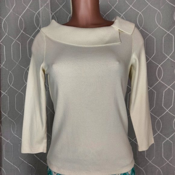 Rafaella Creamy White  3/4 length folded split neck sweater Small - Picture 1 of 8